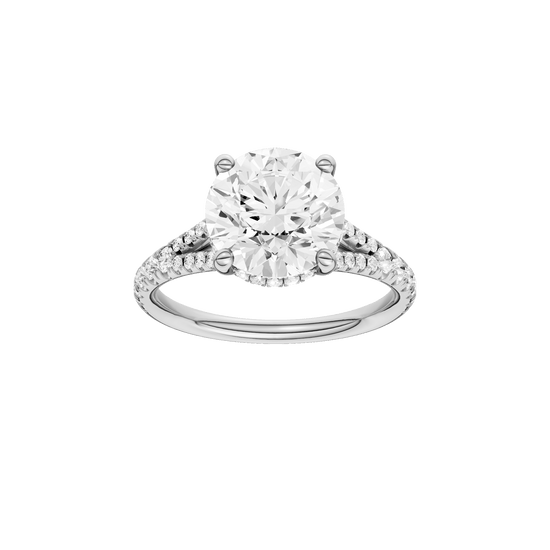 Round-cut diamond engagement ring with a prong-set diamond band and hidden-halo setting.
