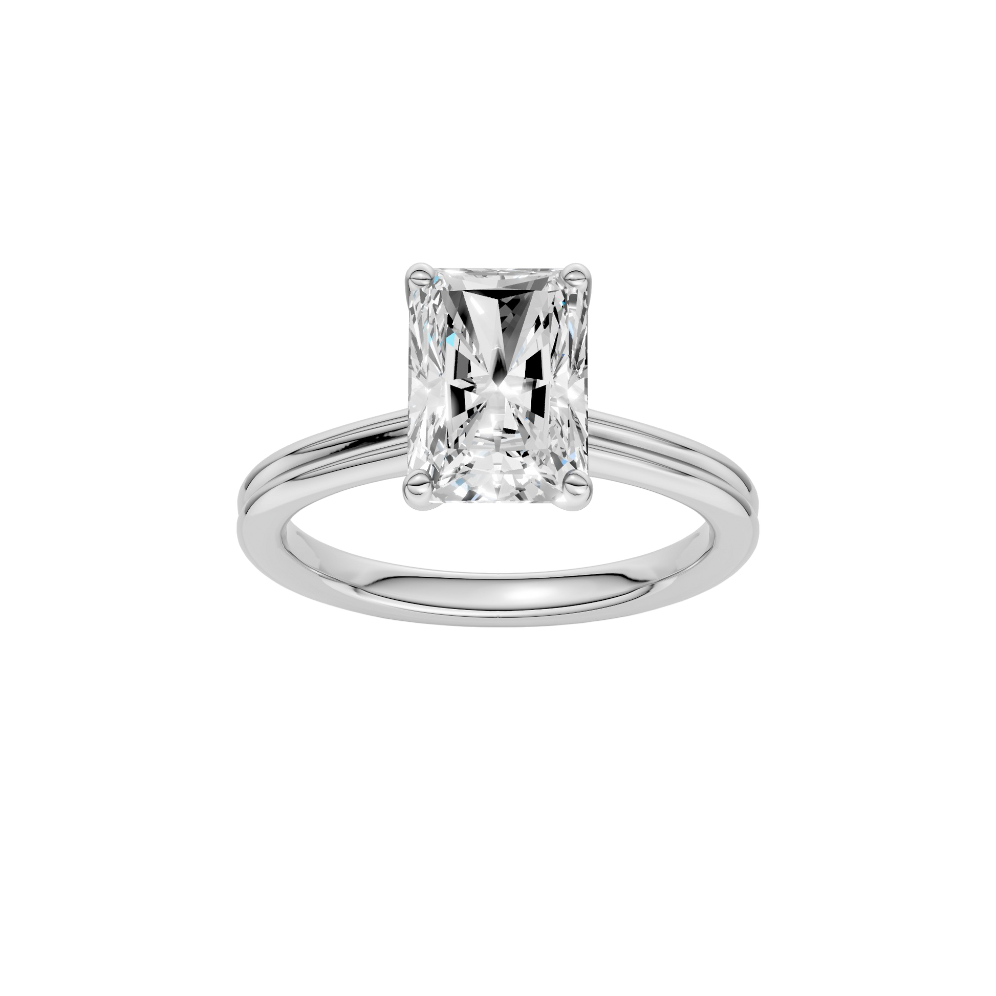 Radiant-cut diamond engagement ring with a plain band and solitaire setting.