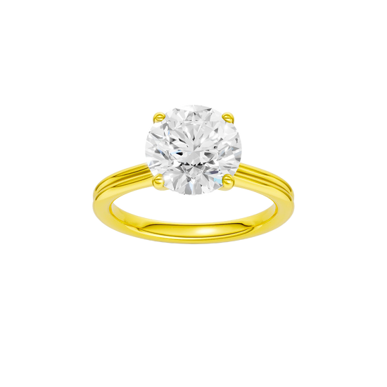 Round-cut diamond engagement ring with a plain band and solitaire setting.