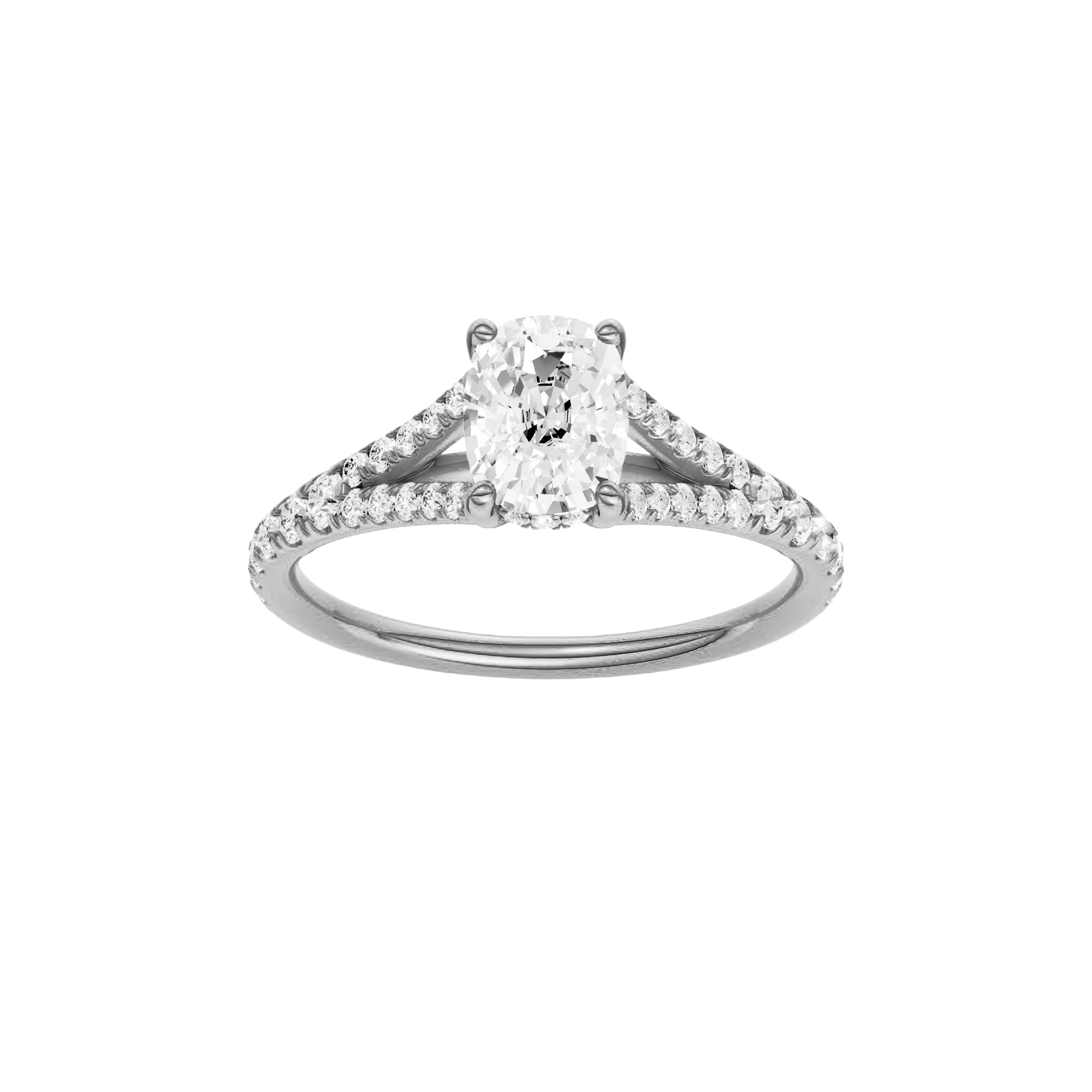 Elongated cushion-cut diamond engagement ring with a prong-set diamond band and hidden-halo setting.
