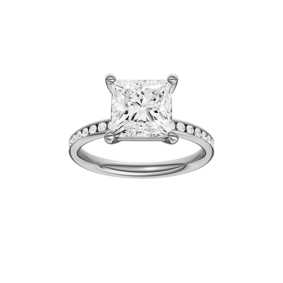 Princess-cut diamond engagement ring with a channel-set diamond band and solitaire setting.