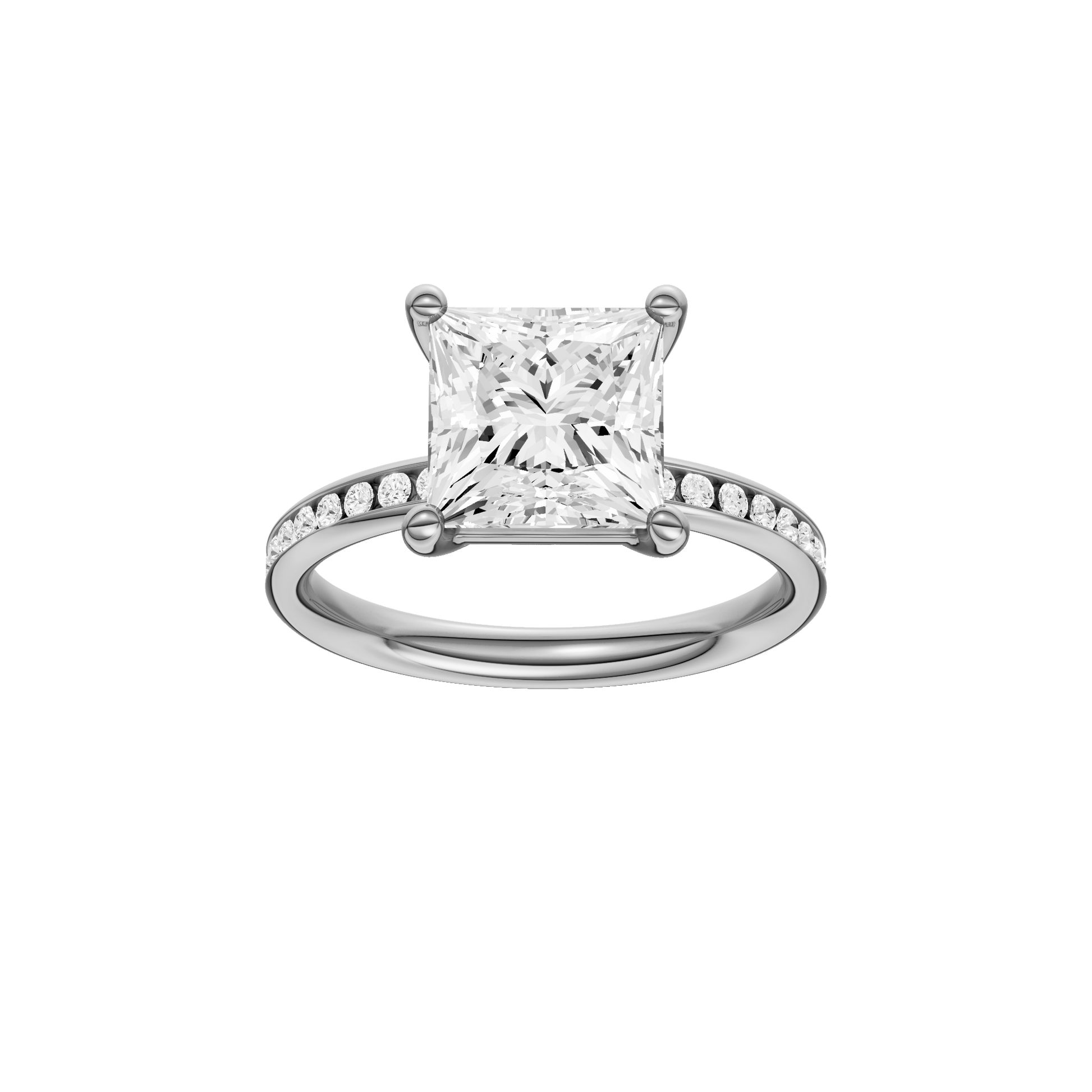 Princess-cut diamond engagement ring with a channel-set diamond band and solitaire setting.