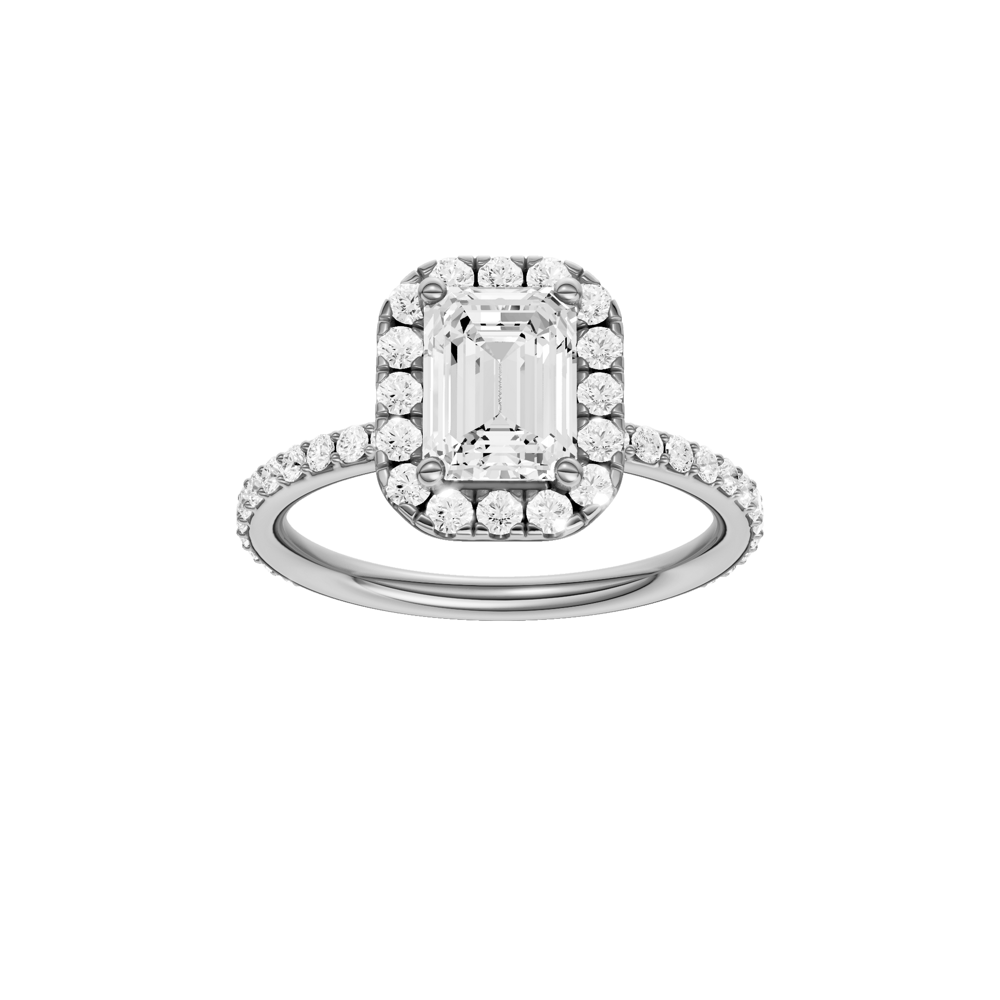 Emerald-cut diamond engagement ring with a prong-set diamond band and halo setting.