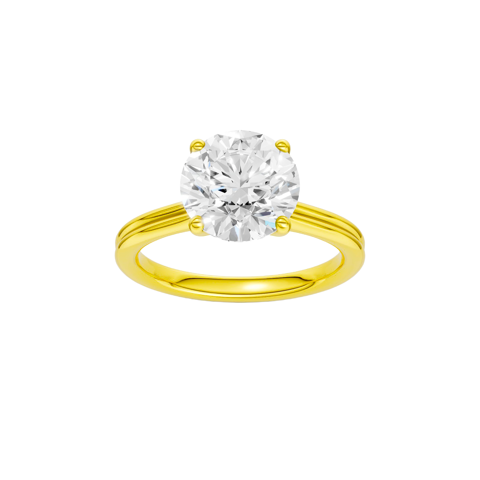 Round-cut diamond engagement ring with a plain band and solitaire setting.