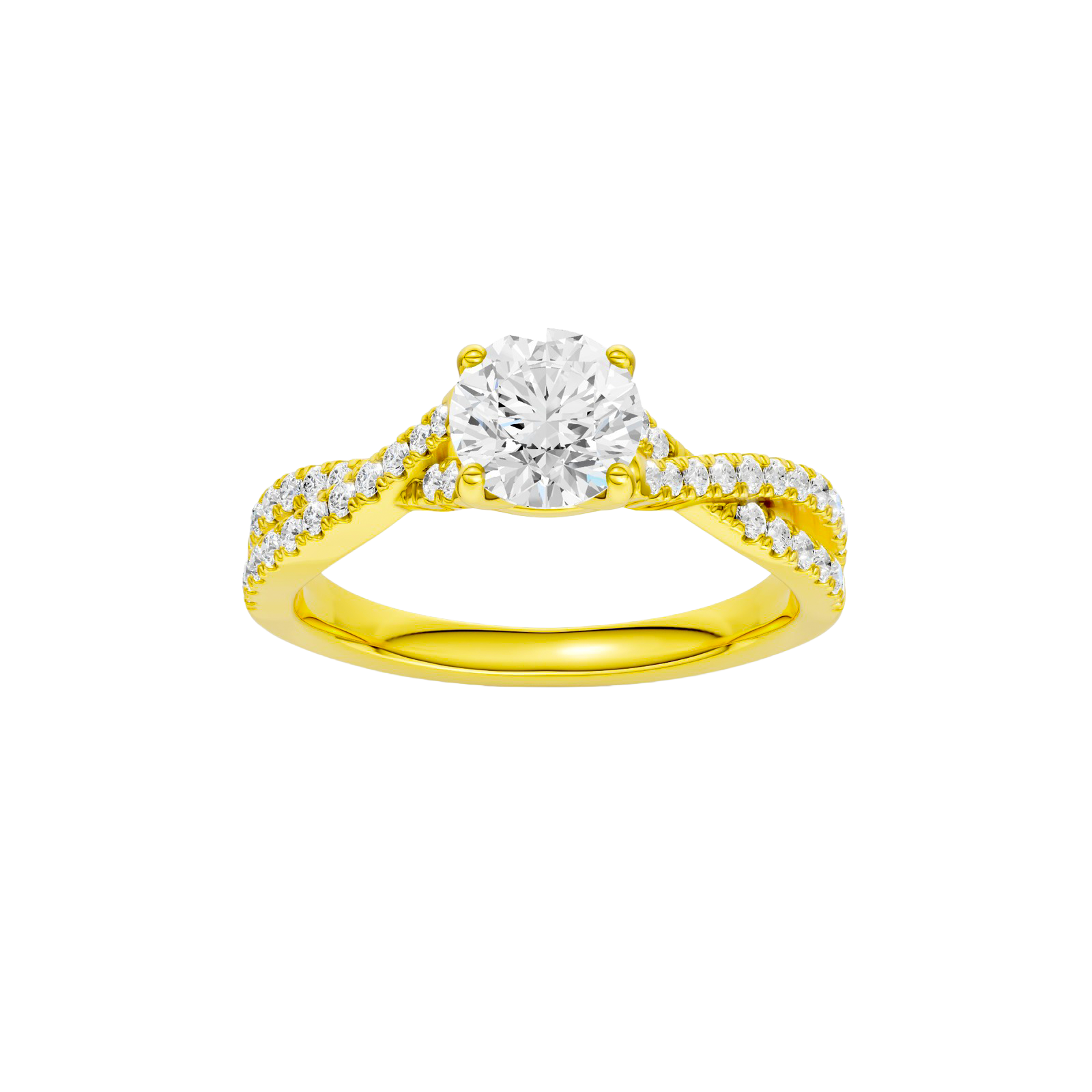 Round-cut diamond engagement ring in 14k yellow gold with a prong-set diamond band and twist setting