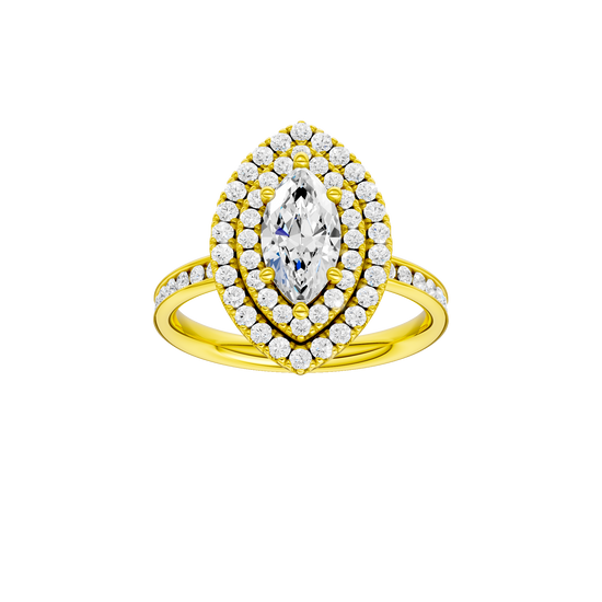 Marquise-cut diamond engagement ring with a channel-set diamond band and double-halo setting.