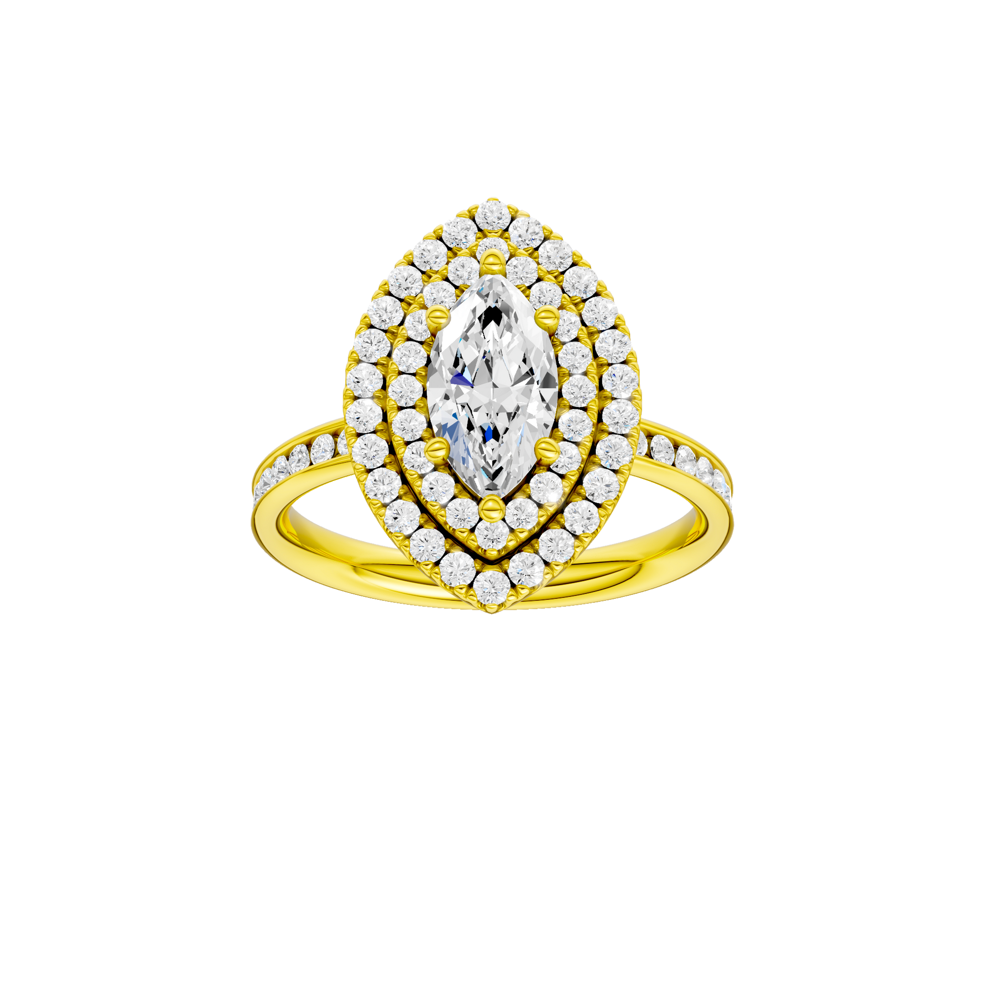 Marquise-cut diamond engagement ring with a channel-set diamond band and double-halo setting.