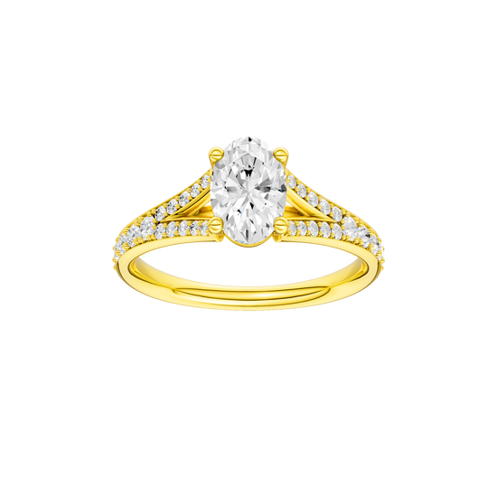 Oval-cut diamond engagement ring with a channel-set diamond band and solitaire setting.