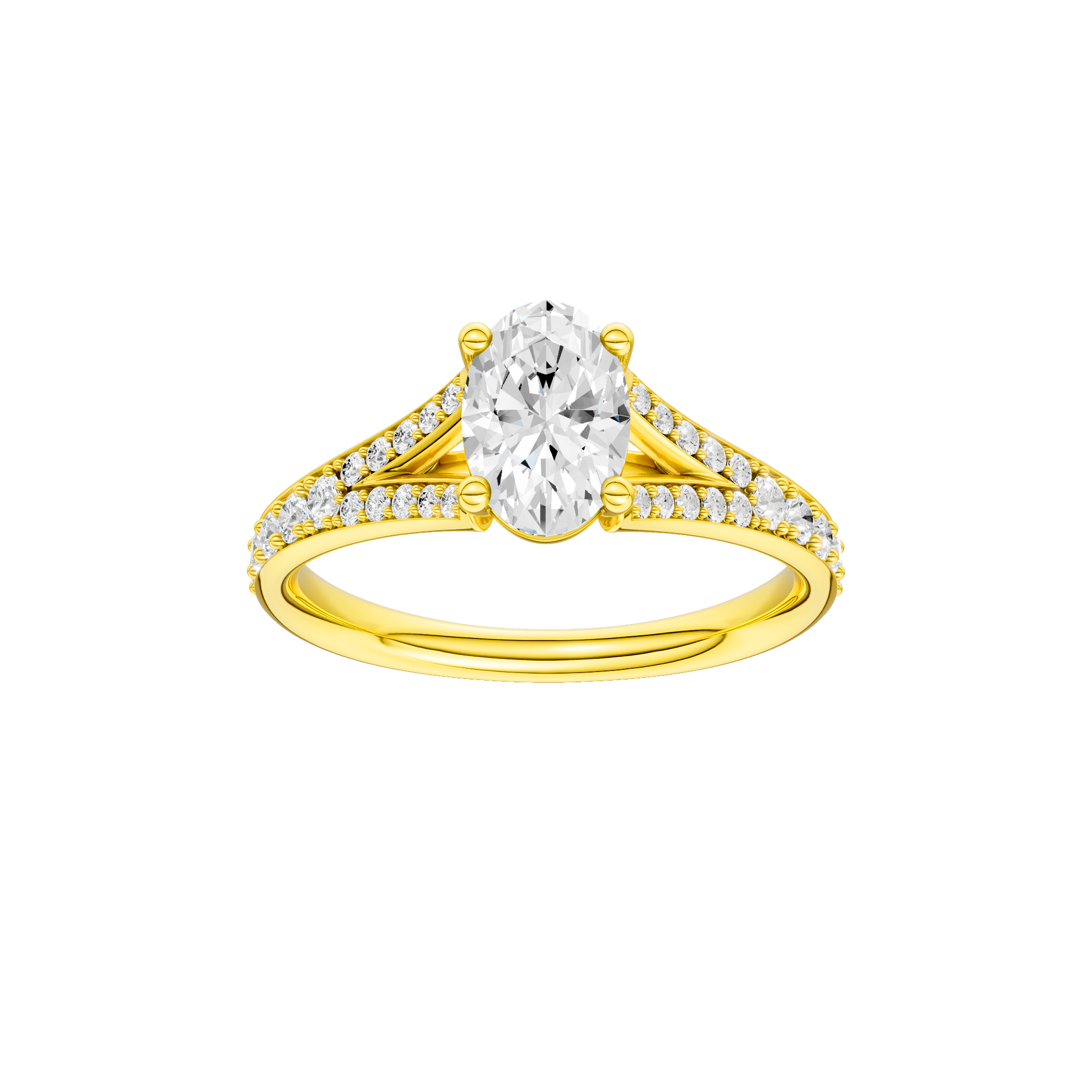 Oval-cut diamond engagement ring with a channel-set diamond band and solitaire setting.