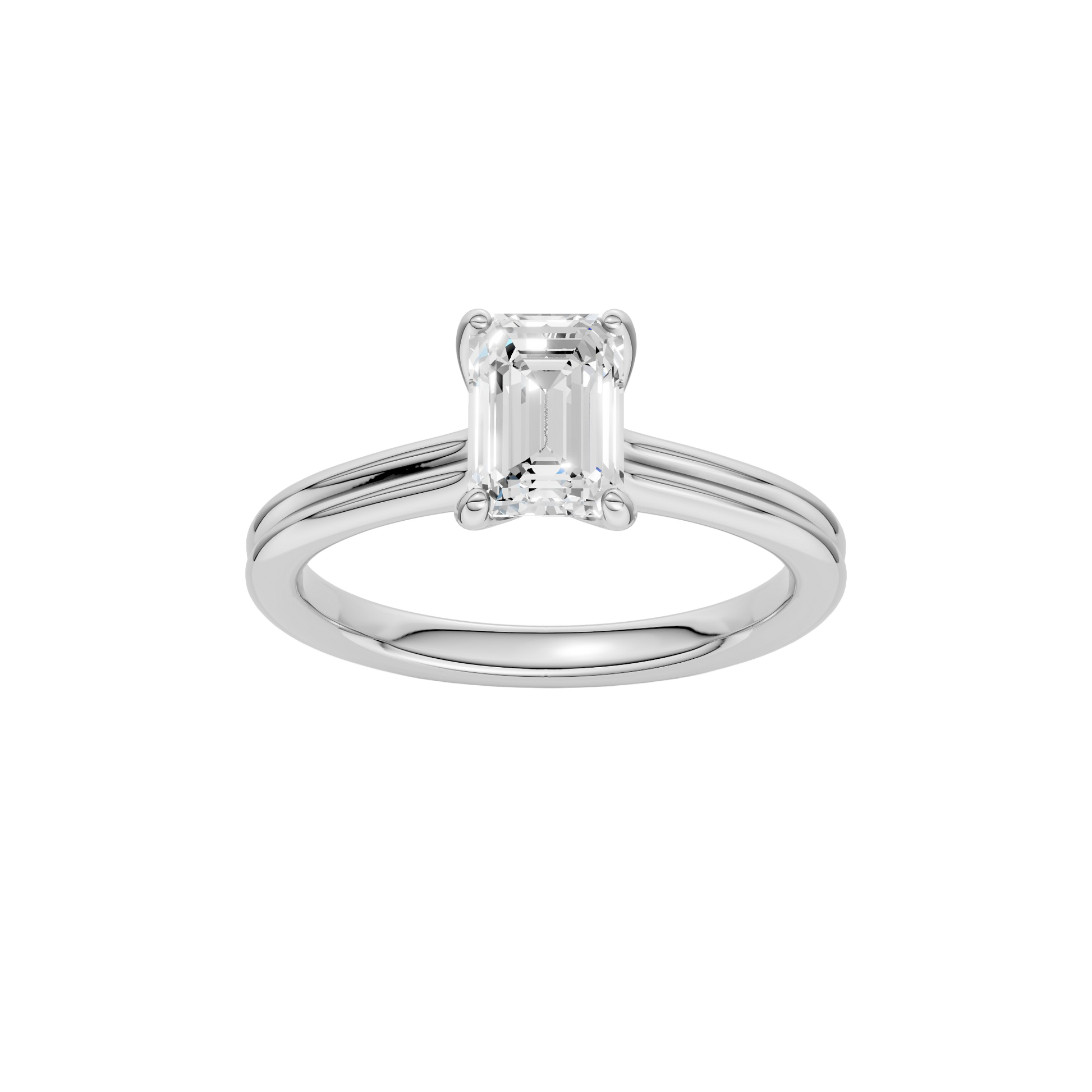 Emerald-cut diamond engagement ring with a plain band and solitaire setting.