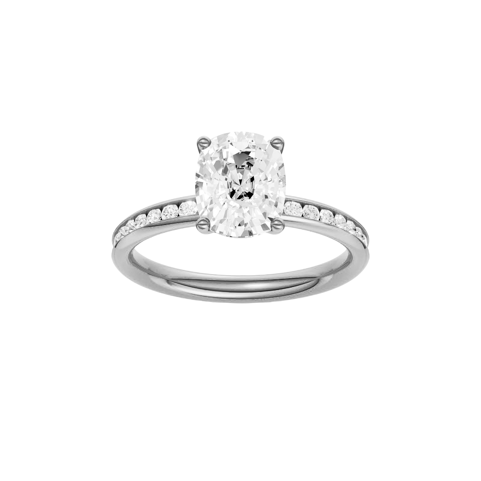 Elongated cushion-cut diamond engagement ring with a channel-set diamond band and solitaire setting.