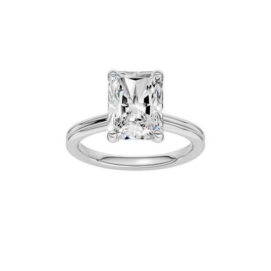 Radiant-cut diamond engagement ring with a plain band and solitaire setting.