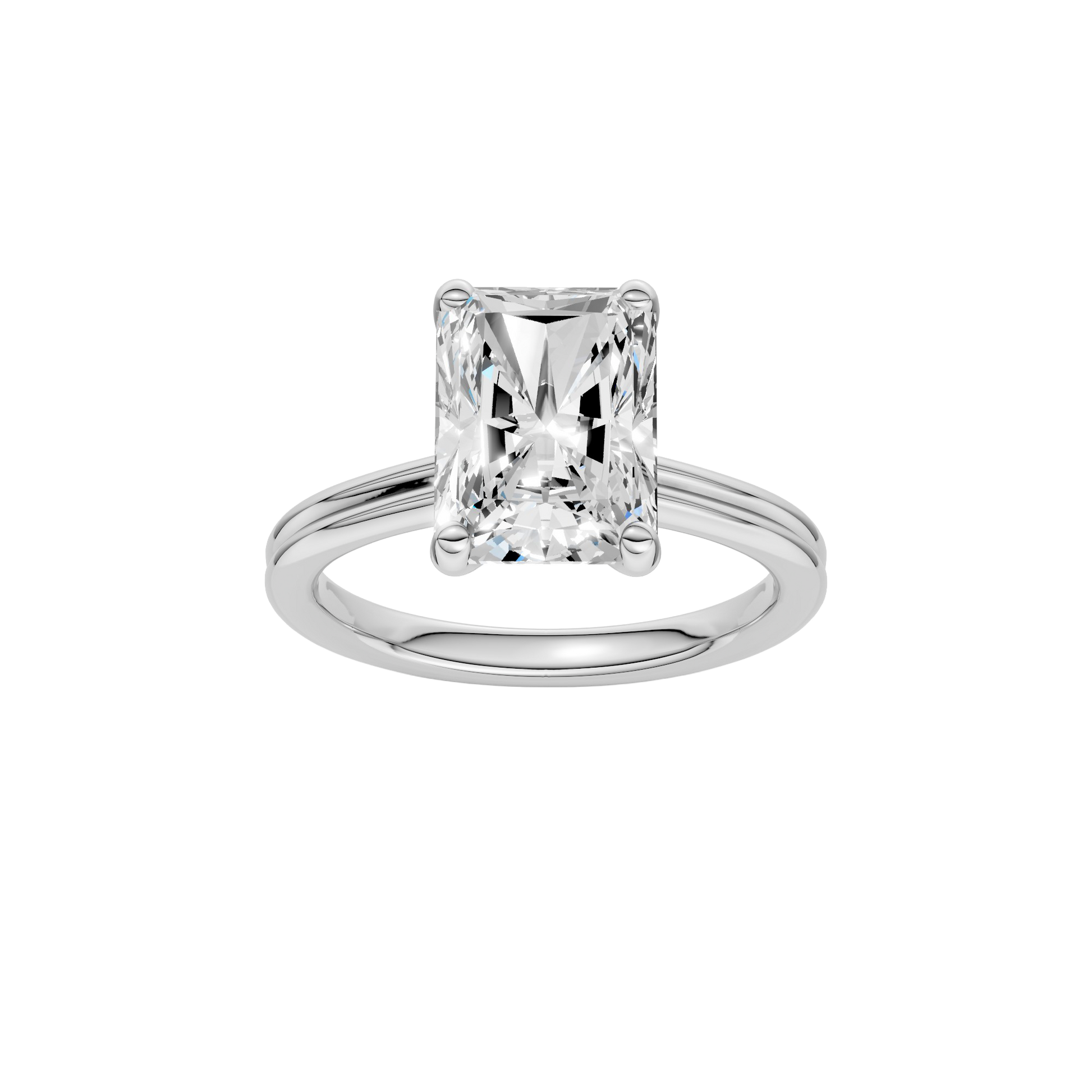 Radiant-cut diamond engagement ring with a plain band and solitaire setting.