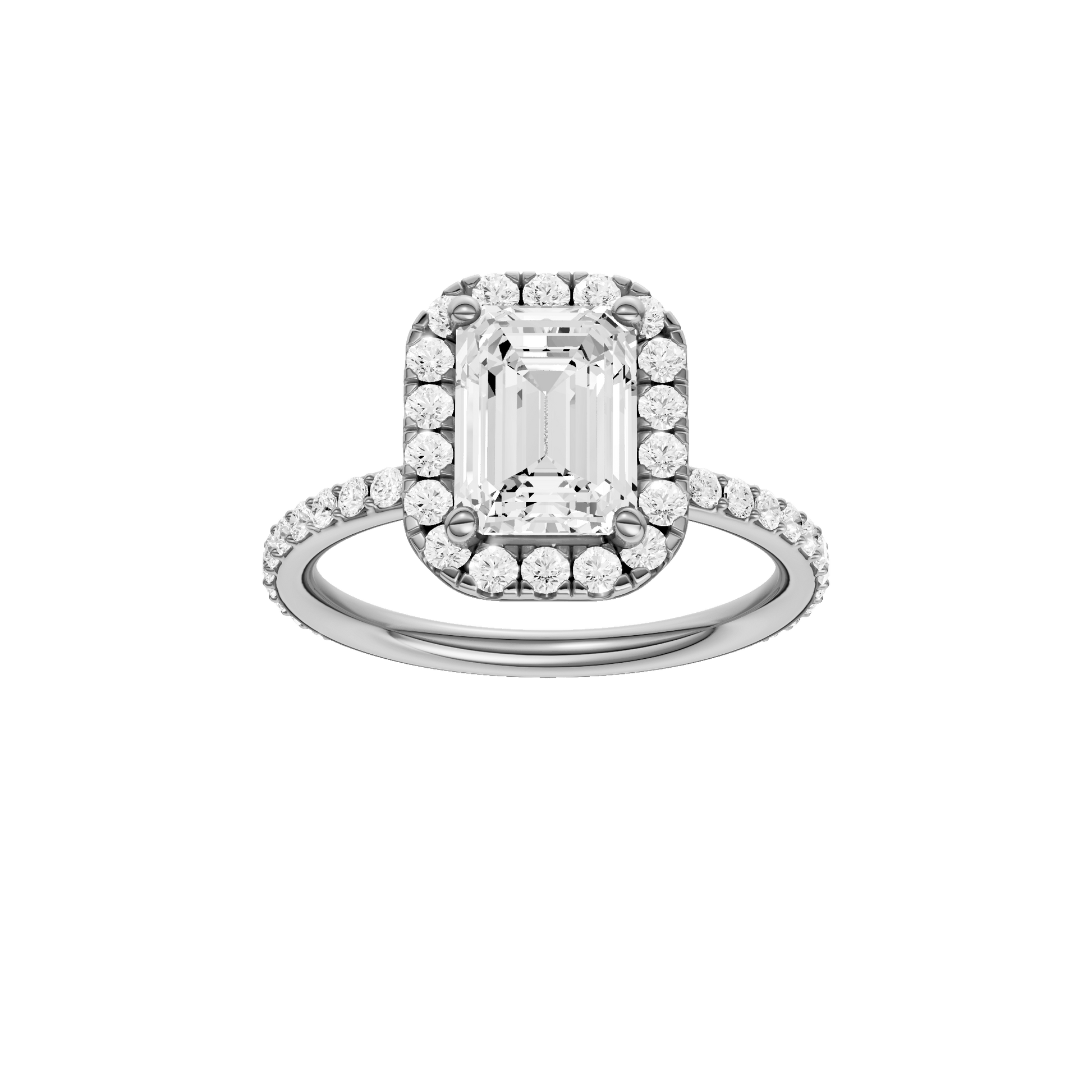 Emerald-cut diamond engagement ring with a prong-set diamond band and halo setting.