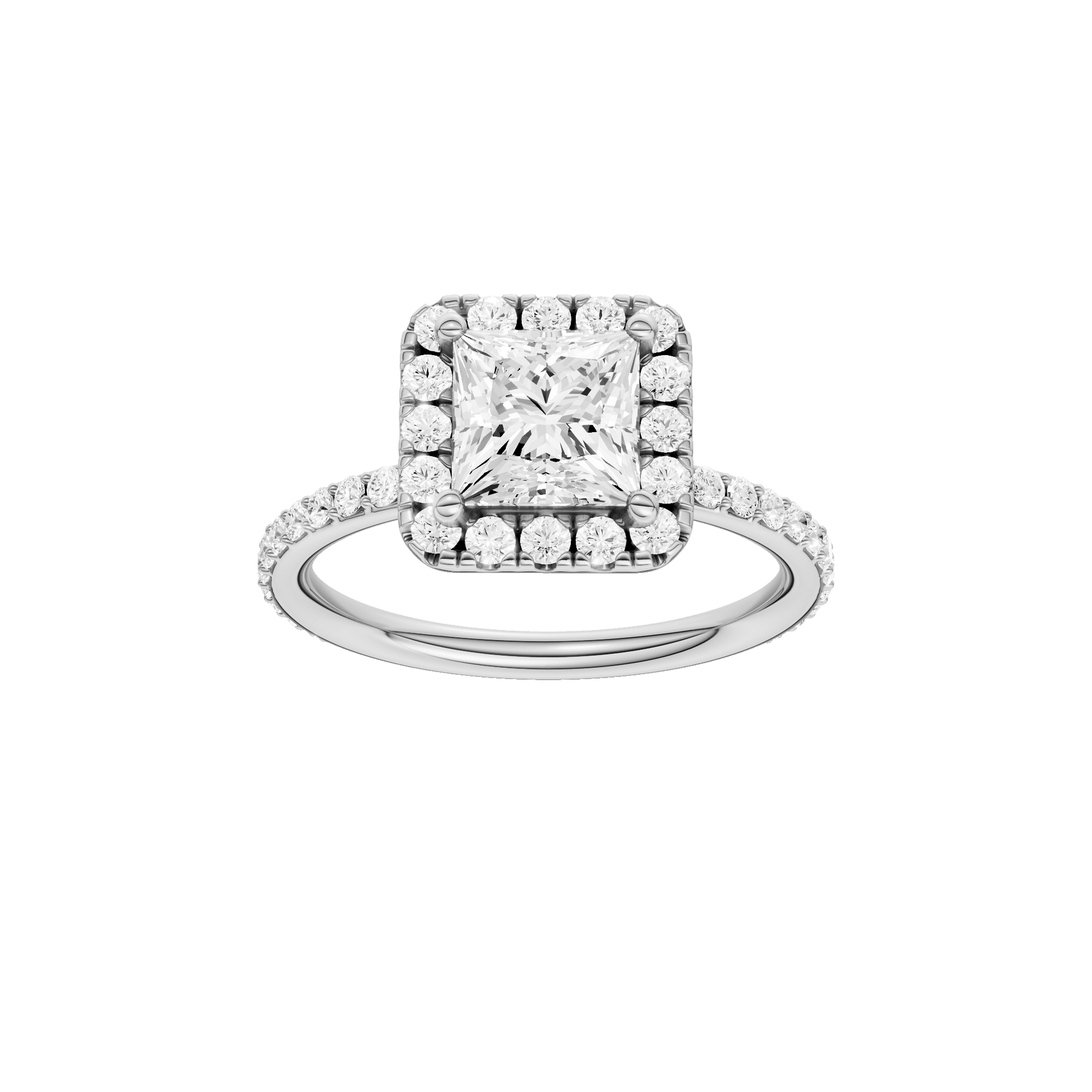 Princess-cut diamond engagement ring with a prong-set diamond band and halo setting.