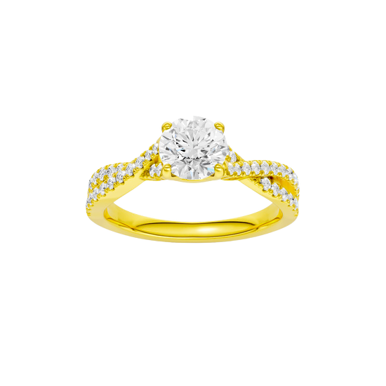 Round-cut diamond engagement ring in 14k yellow gold with a prong-set diamond band and twist setting
