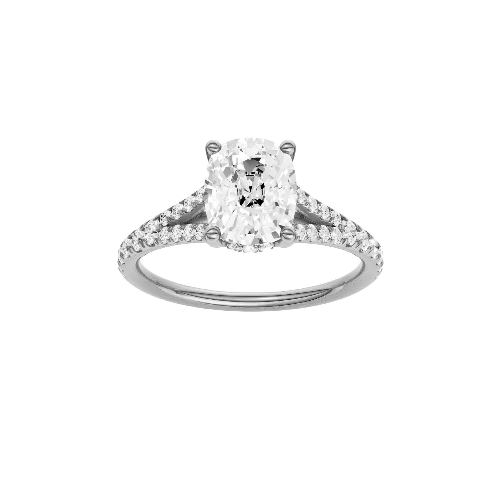 Elongated cushion-cut diamond engagement ring with a prong-set diamond band and hidden-halo setting.
