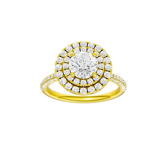 Round-cut diamond engagement ring with a pavé-set diamond band and double-halo setting.