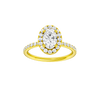 Oval-cut diamond engagement ring with a prong-set diamond band and halo setting.