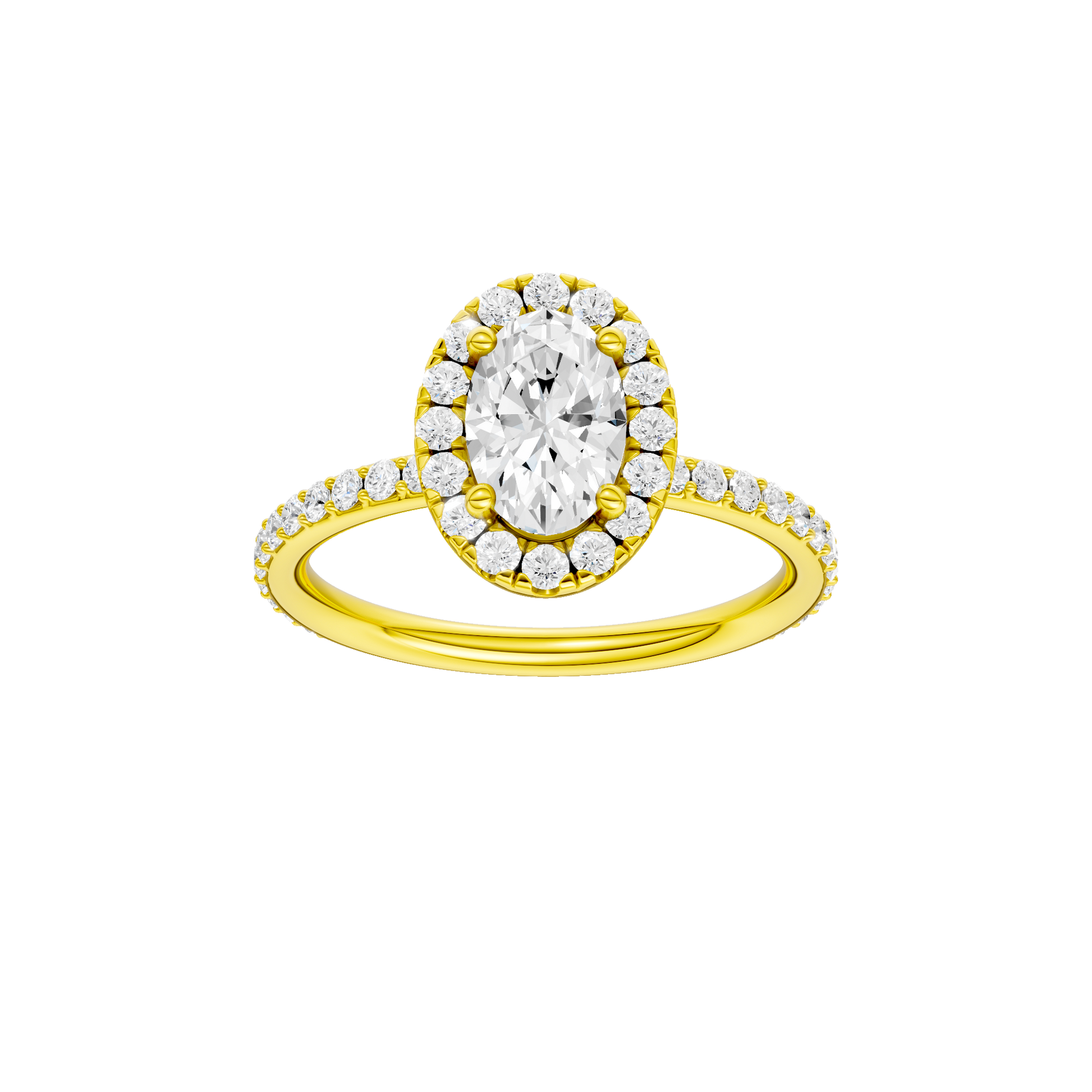 Oval-cut diamond engagement ring with a prong-set diamond band and halo setting.