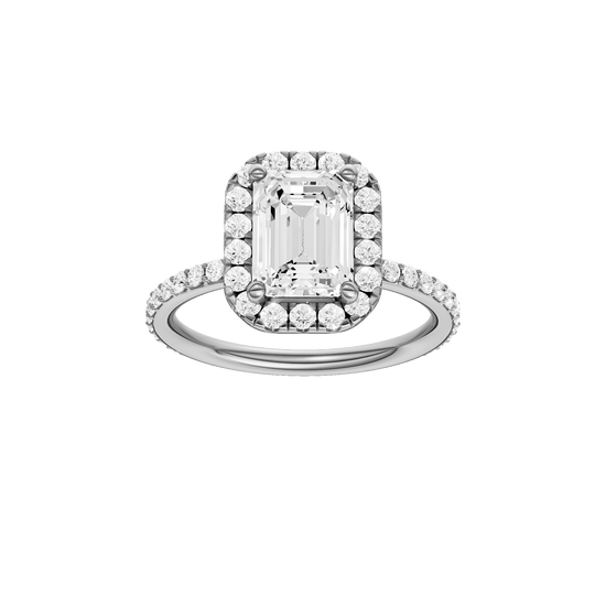 Emerald-cut diamond engagement ring with a prong-set diamond band and halo setting.
