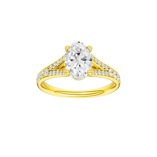 Oval-cut diamond engagement ring with a channel-set diamond band and solitaire setting.