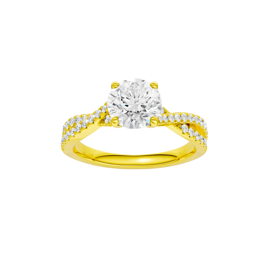 Round-cut diamond engagement ring in 14k yellow gold with a prong-set diamond band and twist setting
