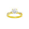 Round-cut diamond engagement ring in 14k yellow gold with a prong-set diamond band and twist setting