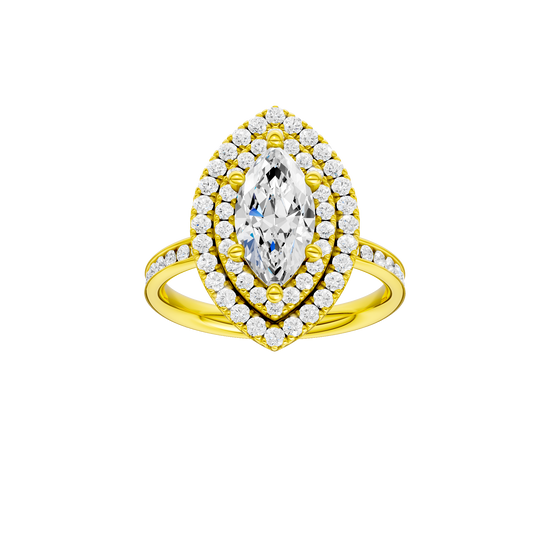 Marquise-cut diamond engagement ring with a channel-set diamond band and double-halo setting.