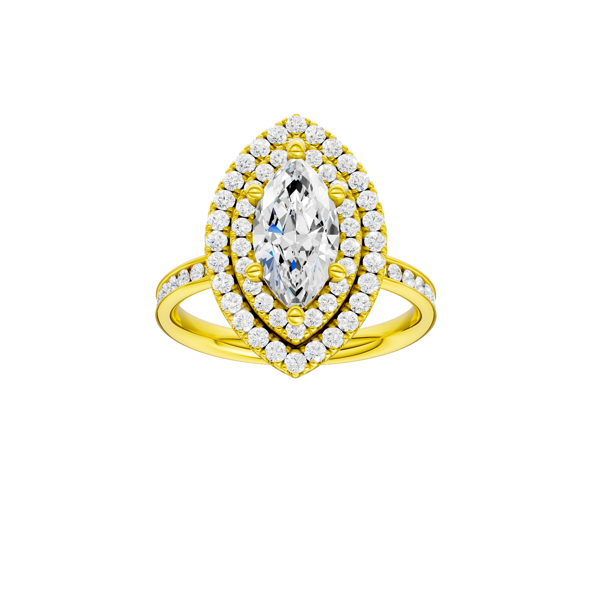 Marquise-cut diamond engagement ring with a channel-set diamond band and double-halo setting.