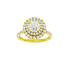 Round-cut diamond engagement ring with a pavé-set diamond band and double-halo setting.