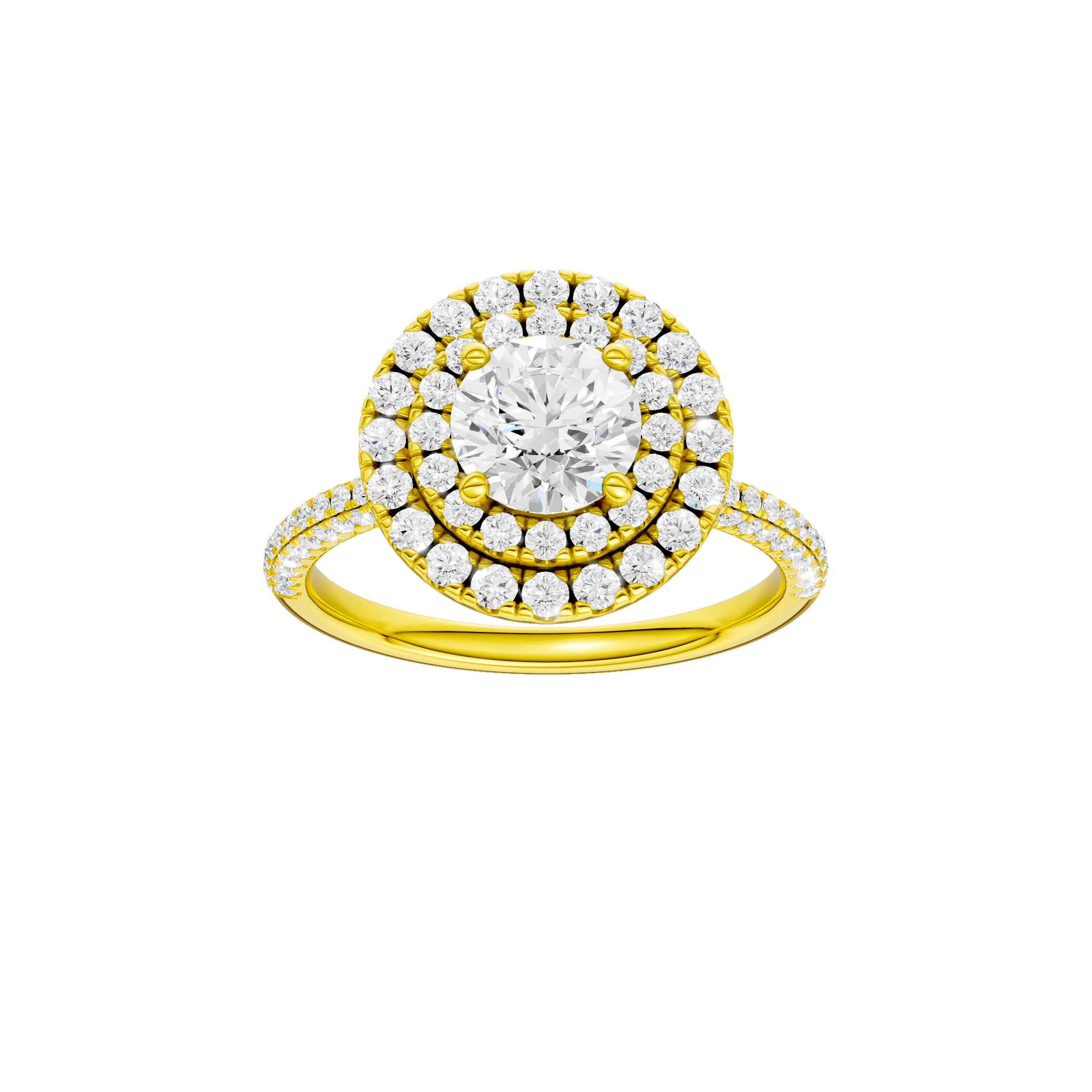 Round-cut diamond engagement ring with a pavé-set diamond band and double-halo setting.