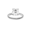 Elongated cushion-cut diamond engagement ring with a channel-set diamond band and solitaire setting.