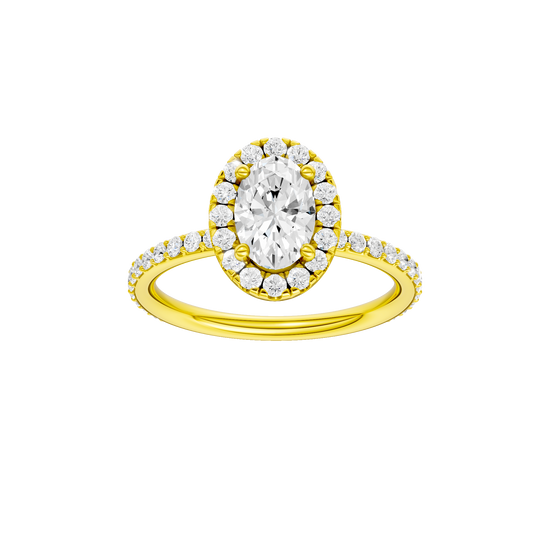 Oval-cut diamond engagement ring with a prong-set diamond band and halo setting.