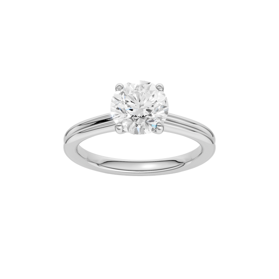 Round-cut diamond engagement ring with a plain band and solitaire setting.