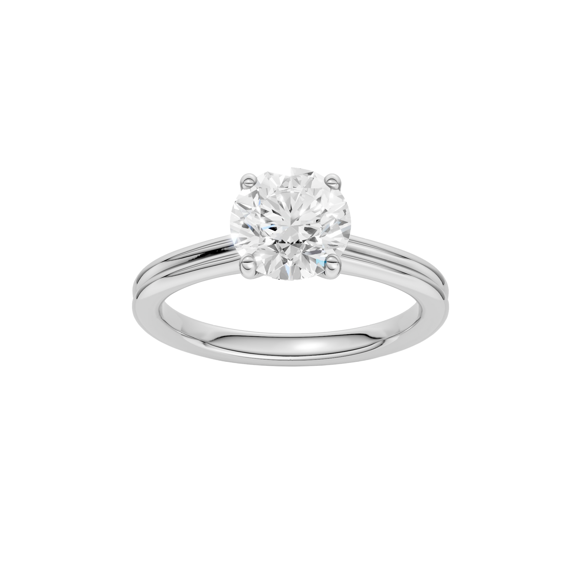 Round-cut diamond engagement ring with a plain band and solitaire setting.