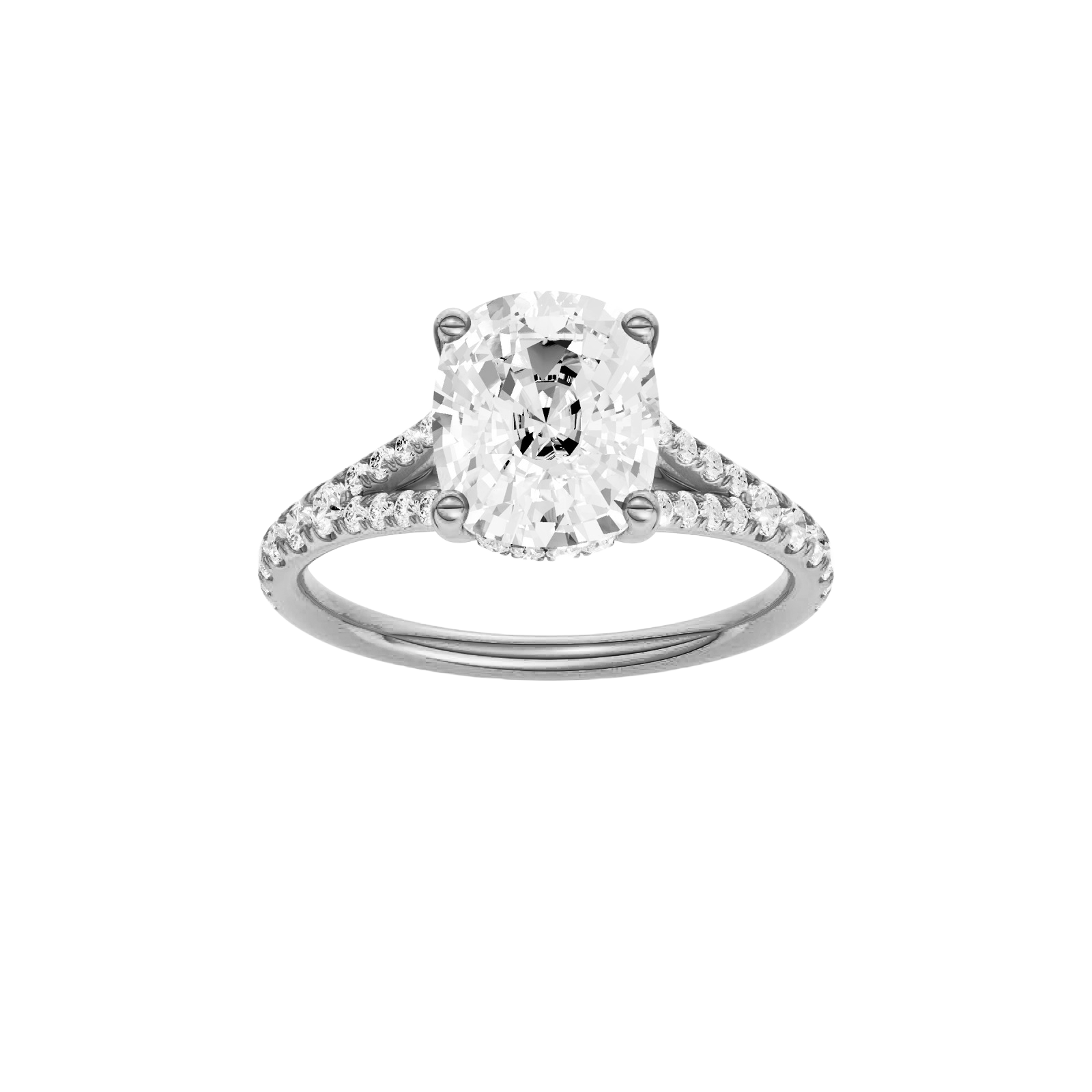 Elongated cushion-cut diamond engagement ring with a prong-set diamond band and hidden-halo setting.