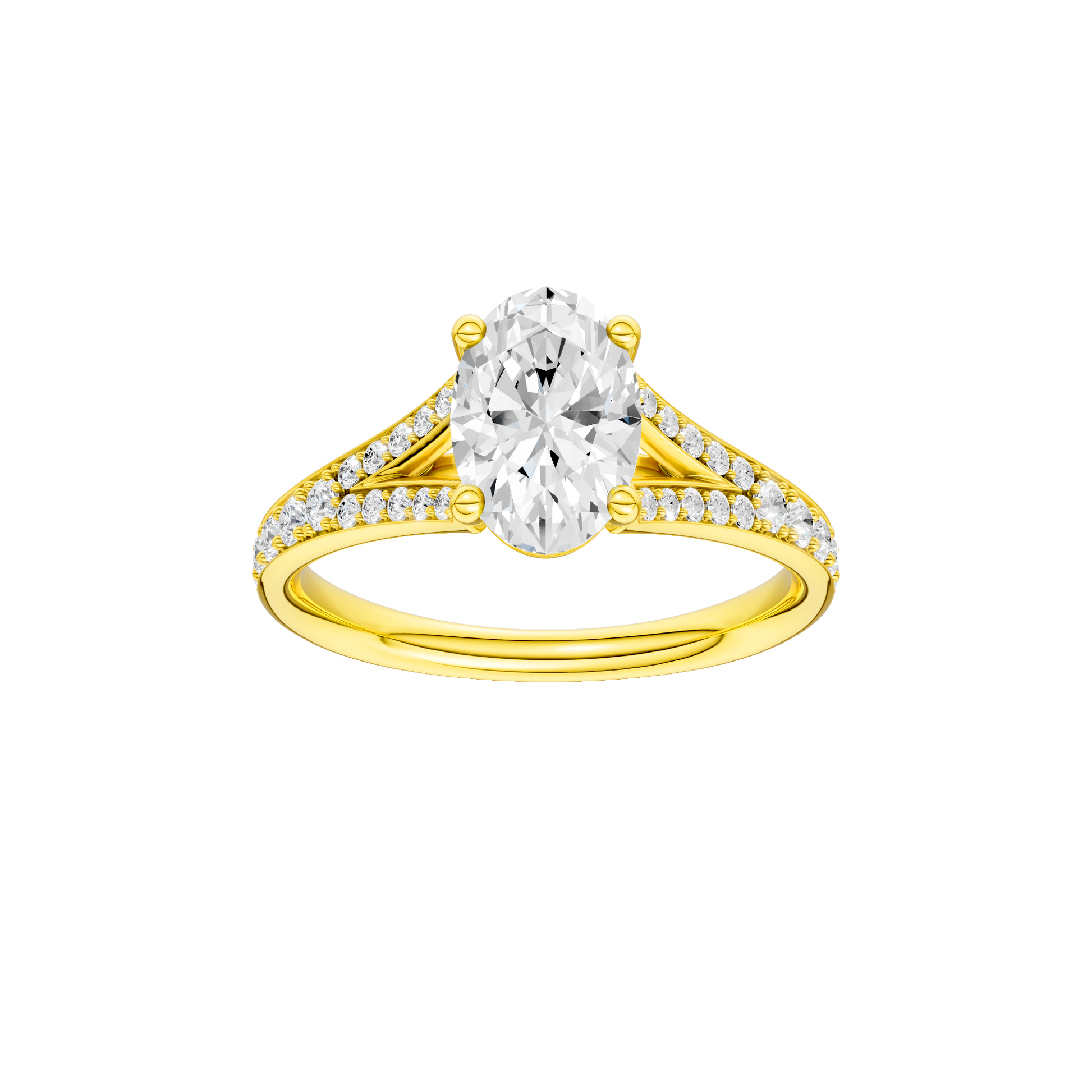 Oval-cut diamond engagement ring with a channel-set diamond band and solitaire setting.