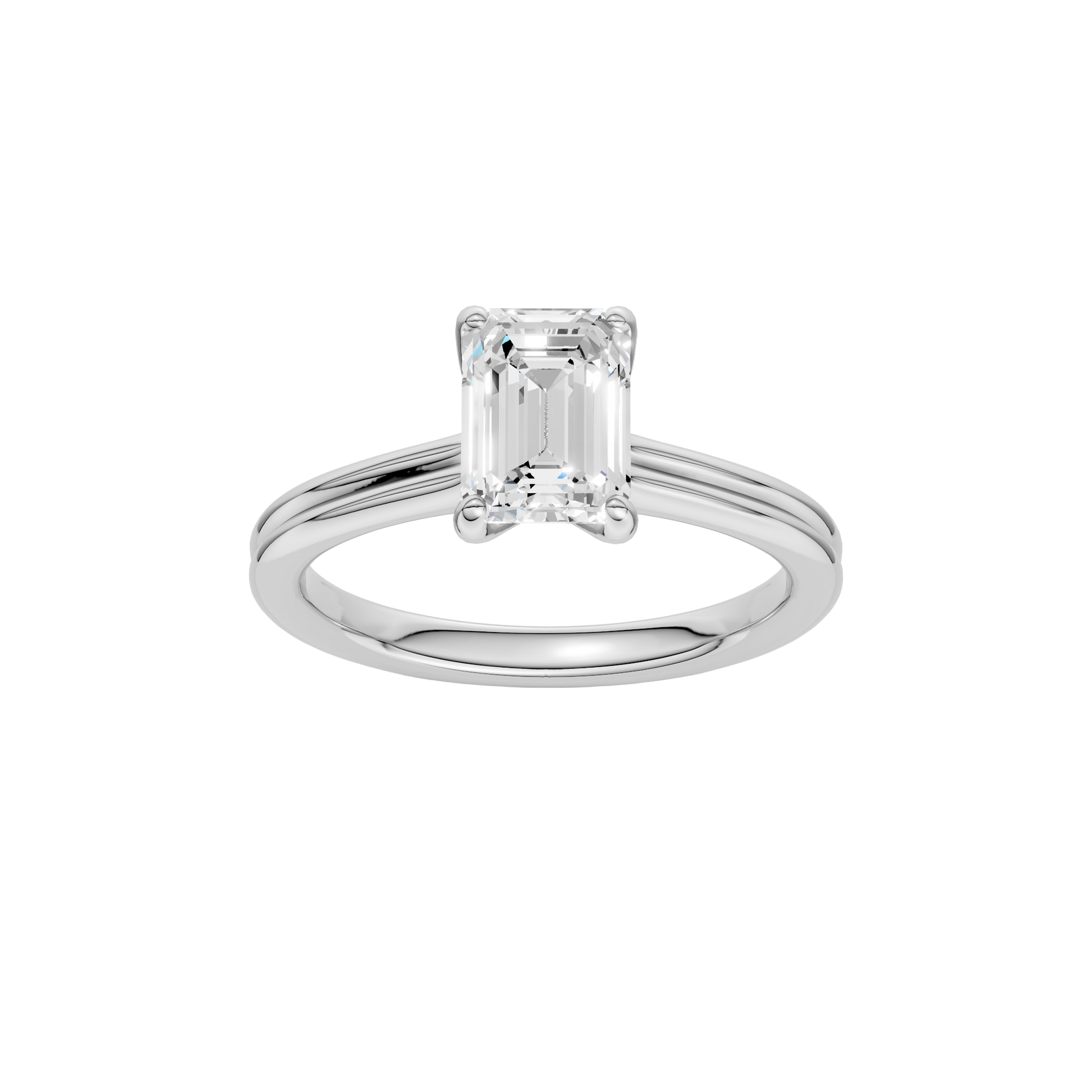 Emerald-cut diamond engagement ring with a plain band and solitaire setting.