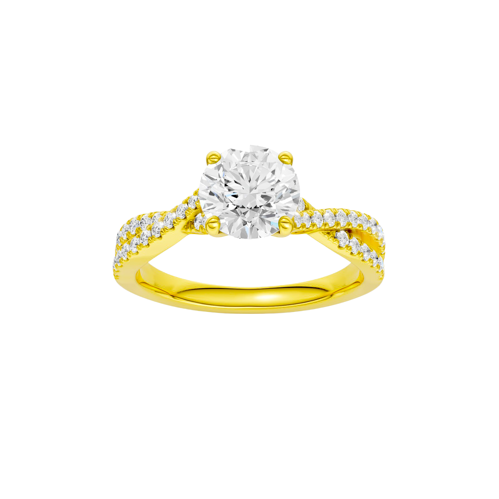 Round-cut diamond engagement ring in 14k yellow gold with a prong-set diamond band and twist setting