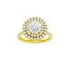 Round-cut diamond engagement ring with a pavé-set diamond band and double-halo setting.