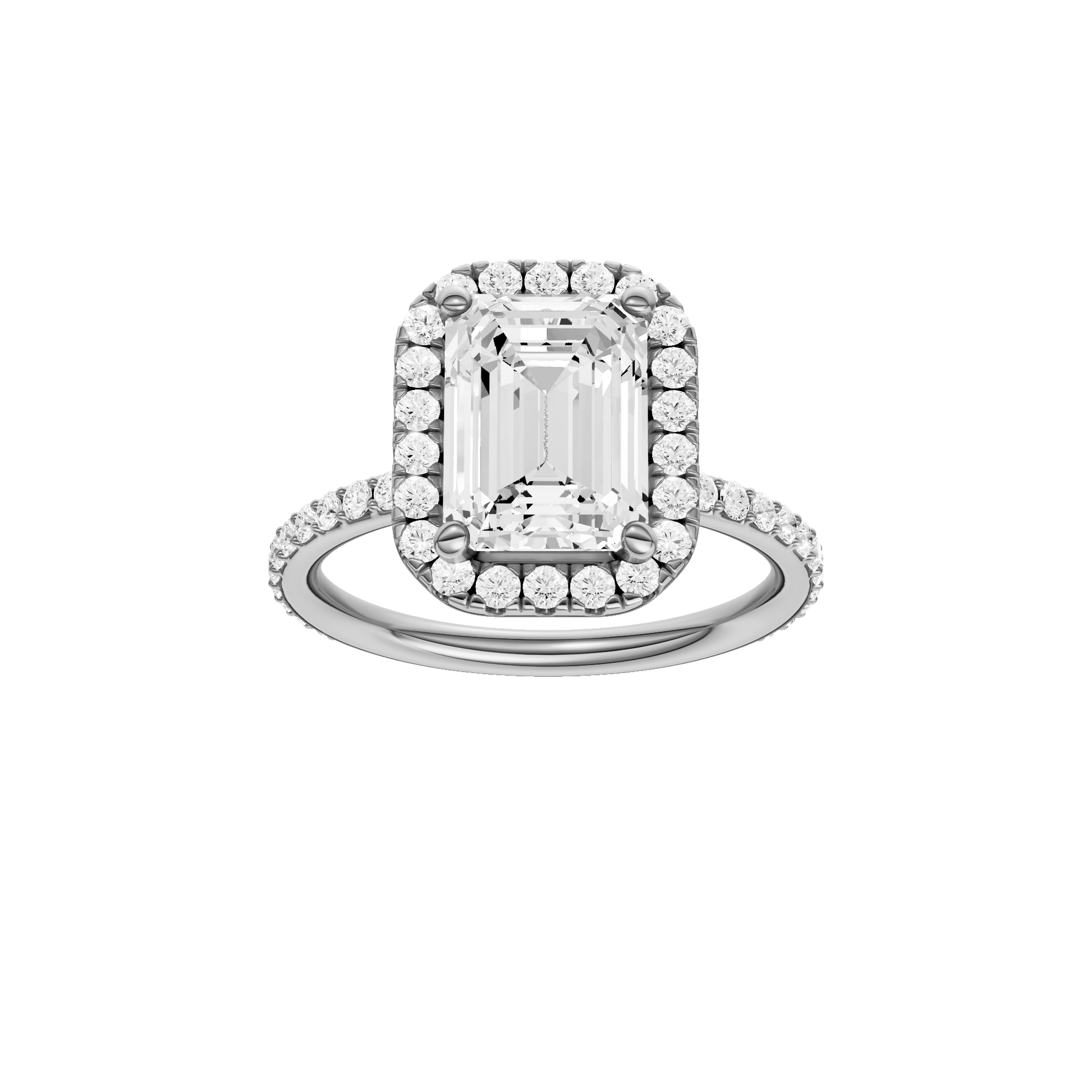 Emerald-cut diamond engagement ring with a prong-set diamond band and halo setting.