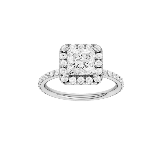 Princess-cut diamond engagement ring with a prong-set diamond band and halo setting.