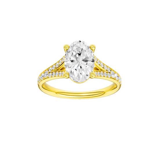 Oval-cut diamond engagement ring with a channel-set diamond band and solitaire setting.