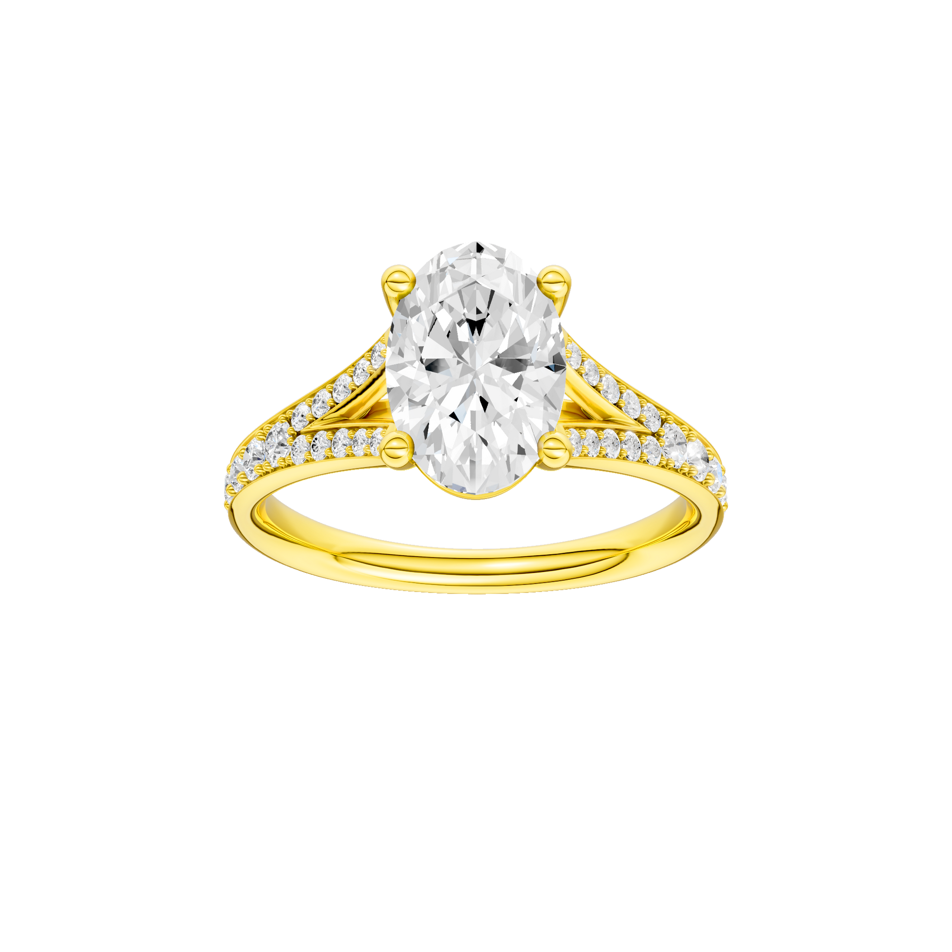 Oval-cut diamond engagement ring with a channel-set diamond band and solitaire setting.