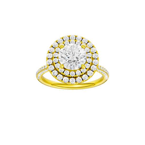 Round-cut diamond engagement ring with a pavé-set diamond band and double-halo setting.