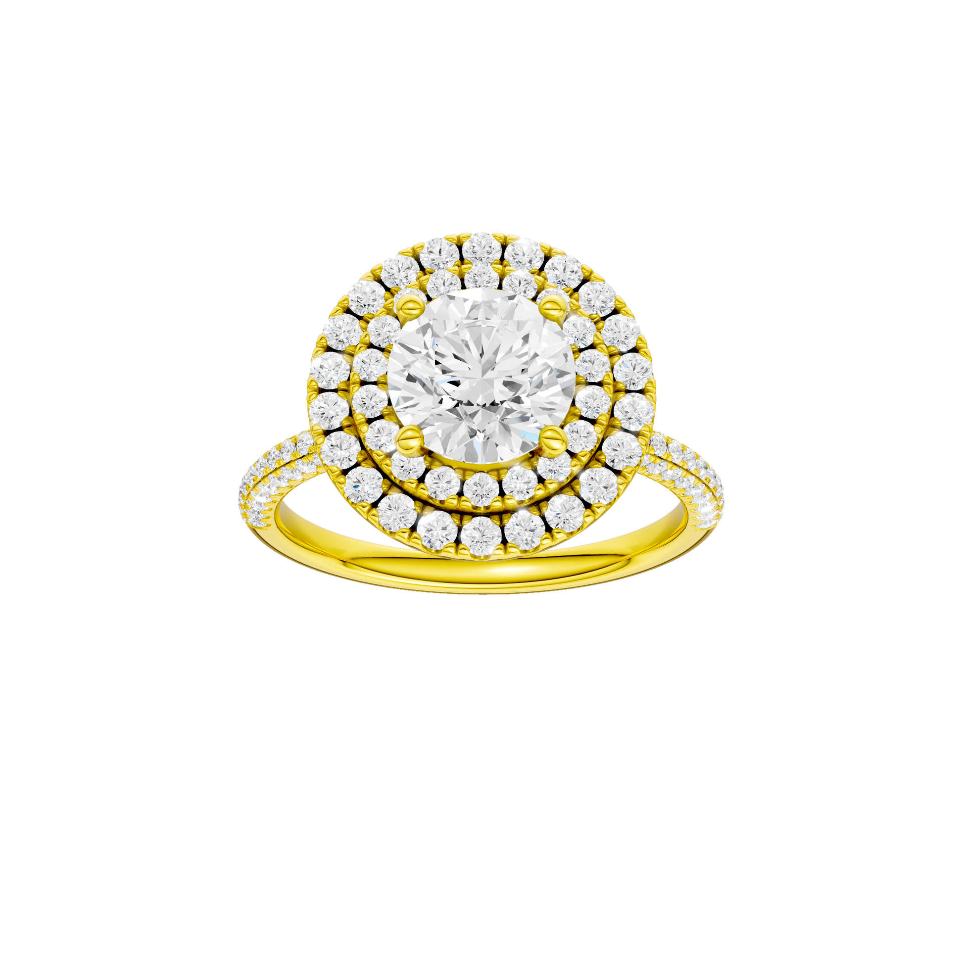Round-cut diamond engagement ring with a pavé-set diamond band and double-halo setting.
