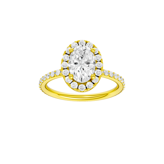 Oval-cut diamond engagement ring with a prong-set diamond band and halo setting.