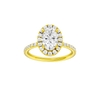 Oval-cut diamond engagement ring with a prong-set diamond band and halo setting.