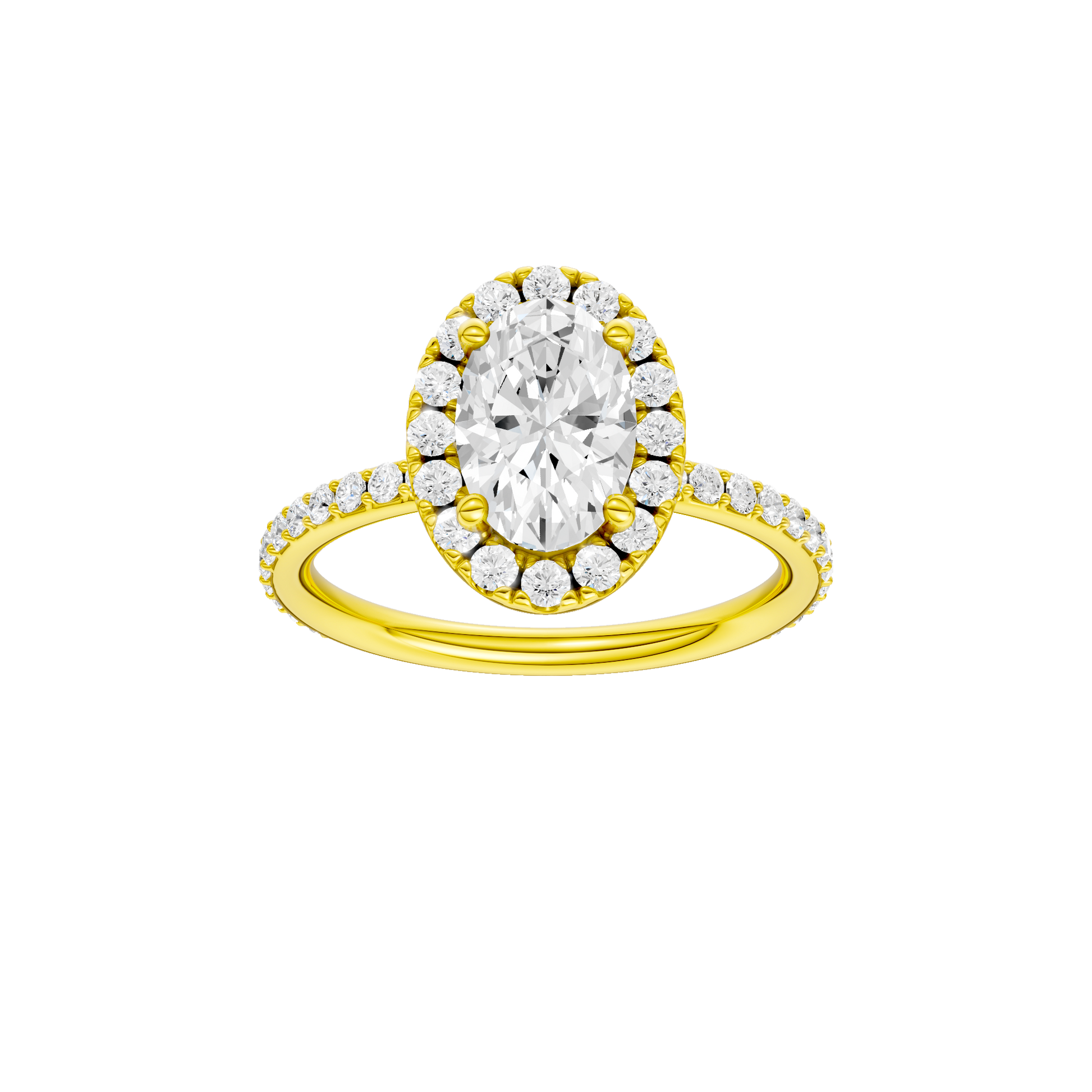 Oval-cut diamond engagement ring with a prong-set diamond band and halo setting.